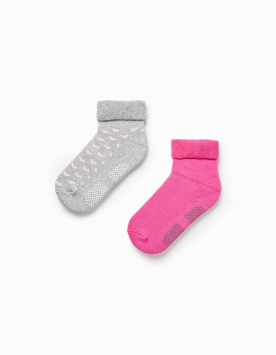 Pack of 2 Pairs of Thick Non-Slip Socks for Girls, Grey/Pink