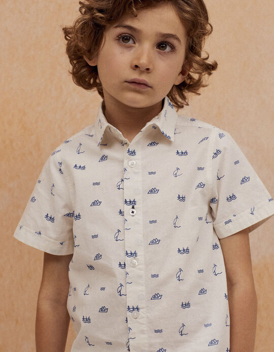Camisa de Manga Corta en Algodón para Niño, Blanco/Azul