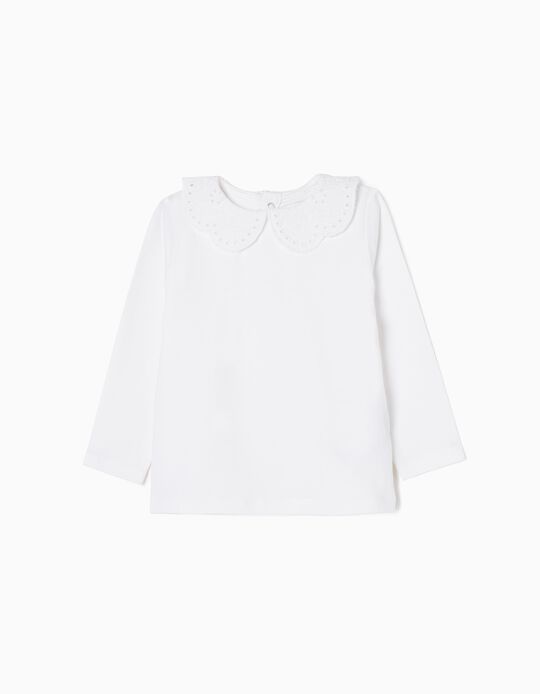 Long Sleeve T-shirt with Broderie Anglaise Collar, White