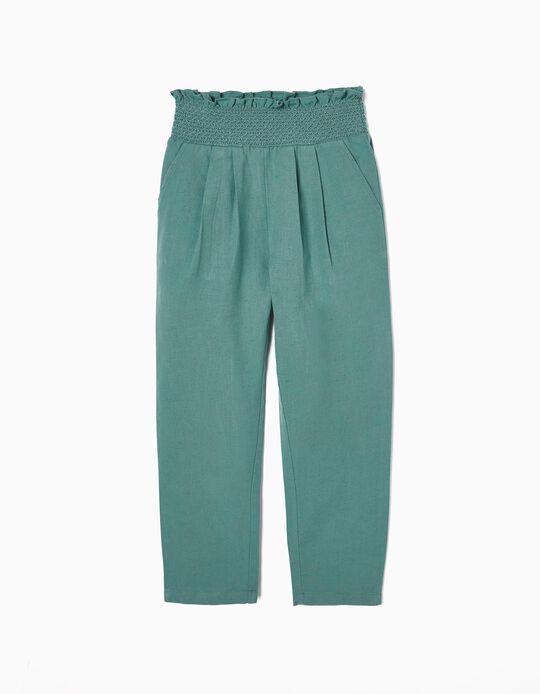 Cotton and Linen Paperbag Trousers for Girls, Aqua Green