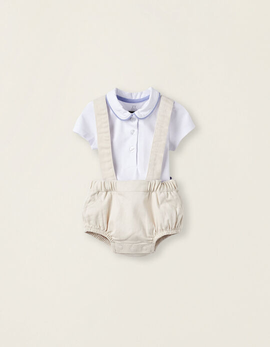 Bodysuit + Bloomers with Removable Straps for Newborn Boys, White/Beige