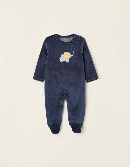 Babygrow de Veludo em Algodão para Bebé 'Elefante', Azul Escuro