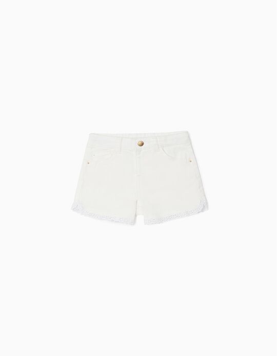 Shorts with Broderie Anglaise for Girls, White