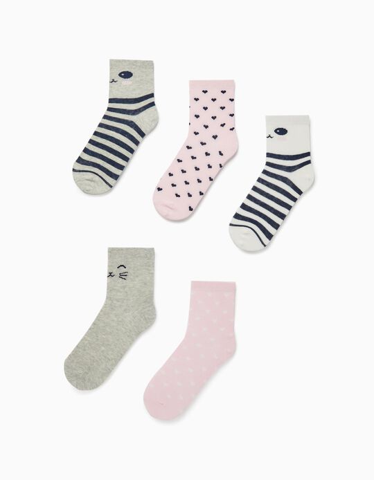 Pack 5 Pairs of Socks for Girls 'Hearts & Stripes', Multicoloured