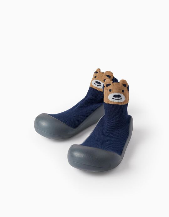 Teddy Bear Rubber-Sole Socks for Baby Boys, Dark Blue