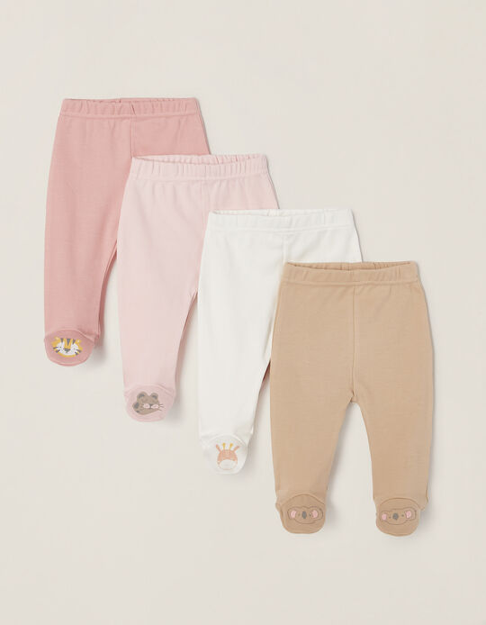 4-Pack Cotton Footed Trousers for Baby Girls 'Animals', Multicoloured