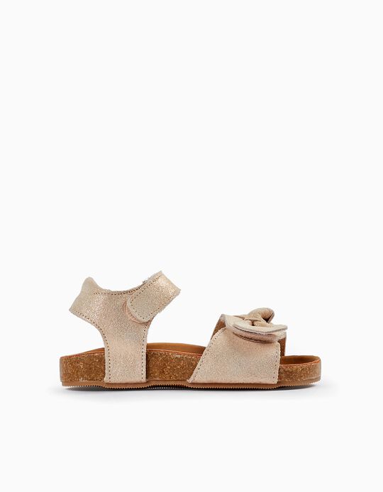Leather Sandals with Glitter and Bows for Baby Girls, Light Beige