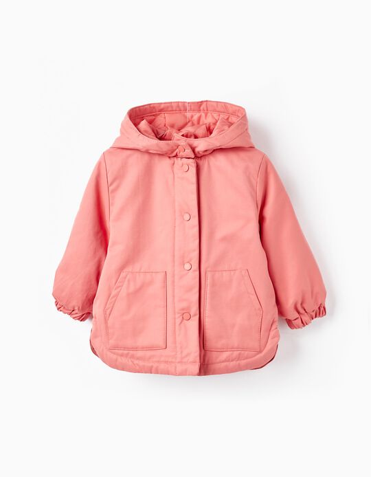 Suedine Hooded Jacket for Baby Girls, Coral