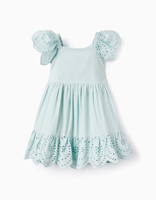 Cotton Dress with Broderie Anglaise for Baby Girls, Aqua Green