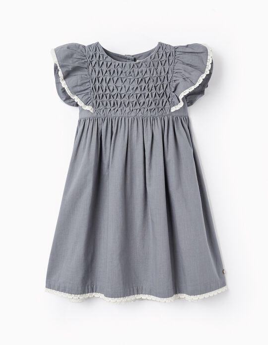 Cotton Dress with Ruffles and Lace for Girls, Blue