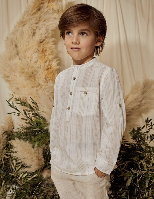 Cotton Shirt with Stripes for Boys, White/Beige