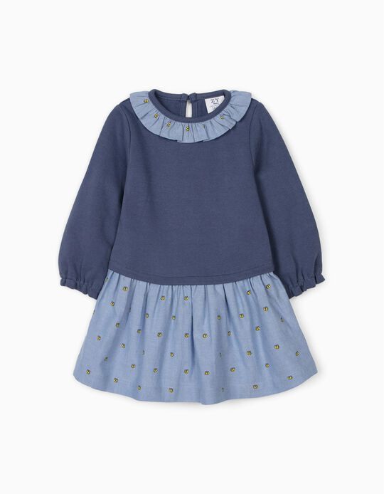 Dual Fabric Dress for Baby Girls, 'Bees', Blue