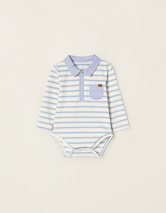 Cotton Polo-Bodysuit for Newborn Baby Boys, Blue/White