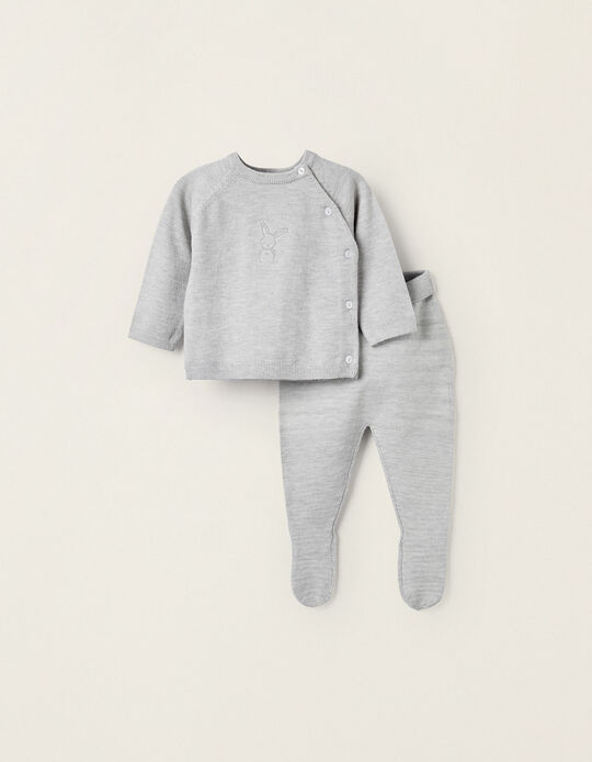 Cardigan + Knitted Trousers with Feet for Newborn Boys 'Bunny', Grey