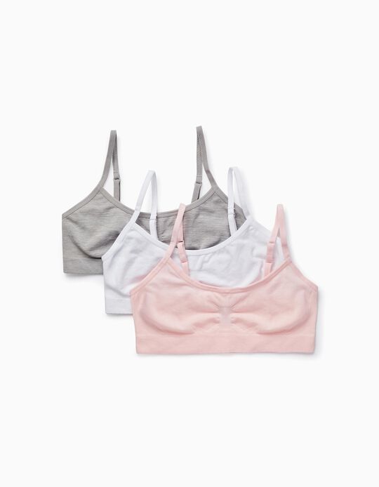 Pack of 3 Microfiber Bras for Girls, White/Pink/Grey