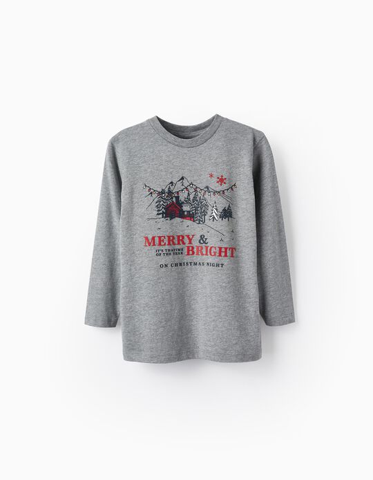 T-Shirt Manga Comprida de Algodão para Menino 'Merry & Bright - Natal', Cinza