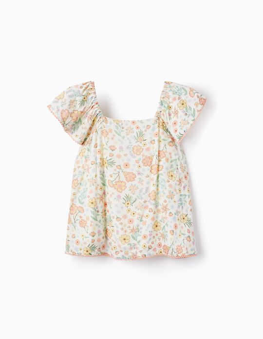 Floral Crepe Top for Girls, White