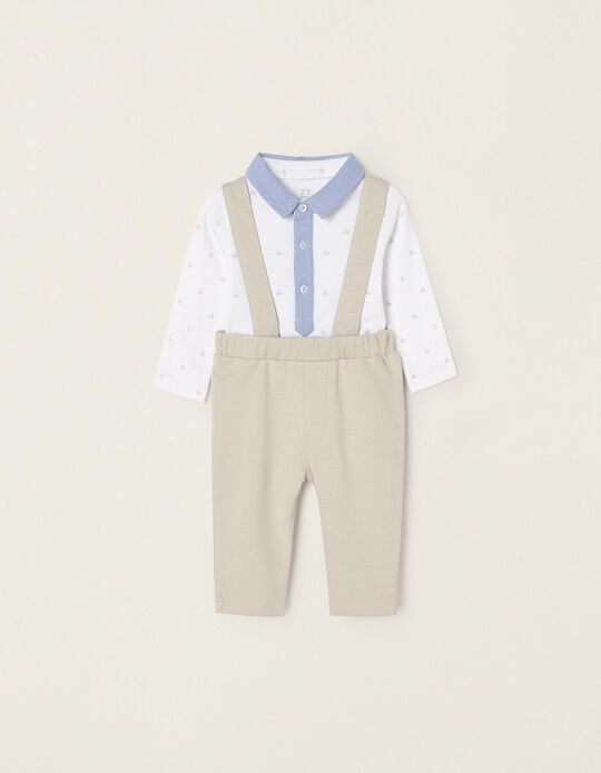 Cotton Bodysuit + Trousers with Braces for Newborn Baby Boys 'Boats', White/Beige
