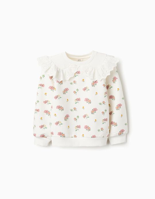 Comprar Online Sweatshirt Floral de Algodão com Folhos para Menina, Branco