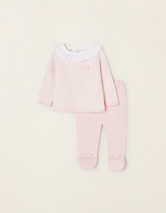 Cotton Knit Set for Newborn Baby Girls, Pink/White