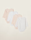 4 Long Sleeve Bodysuits for Baby Girls 'Clouds &Stars', White/Pink