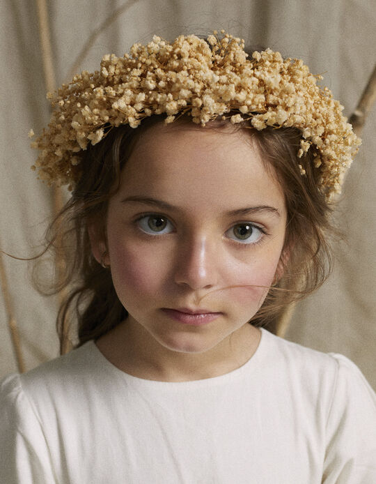 Headband with Dehydrated Natural Flowers for Girls, Beige