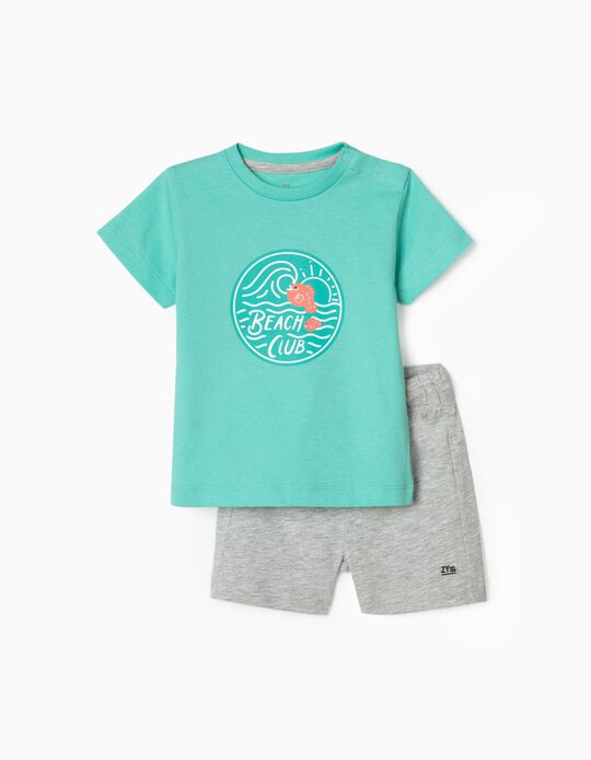 T-Shirt + Calções para Bebé Menino 'Beach Club', Verde Água/Cinza