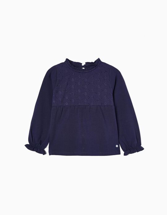 Jumper with English Embroidery for Girls, Dark Blue