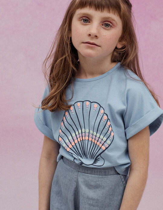 Comprar Online T-shirt Curta de Algodão para Menina 'Concha', Azul