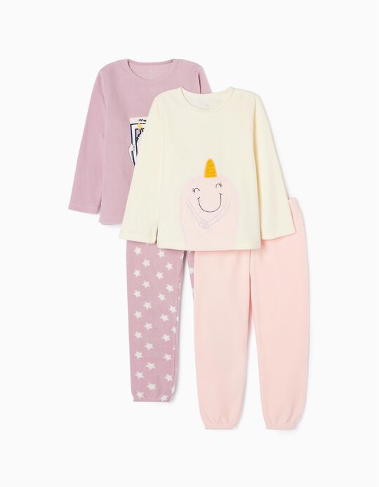 Lot 2 Pyjamas Polaires Fille 'Monstragram', Blanc/Rose/Lilas