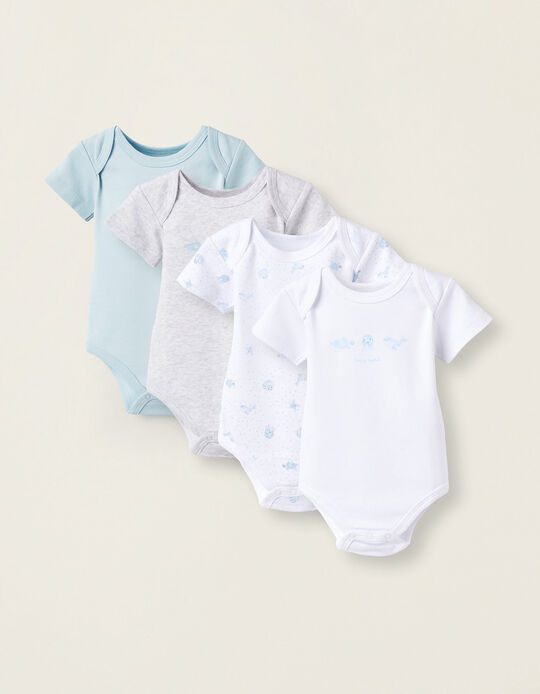 Pack of 4 Short Sleeve Bodysuits for Newborn Boys 'Happy', Blue