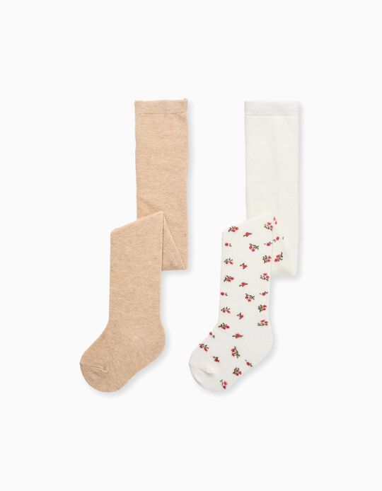 Comprar Online Pack 2 Collants Liso/Floral para Bebé Menina, Branco/Bege