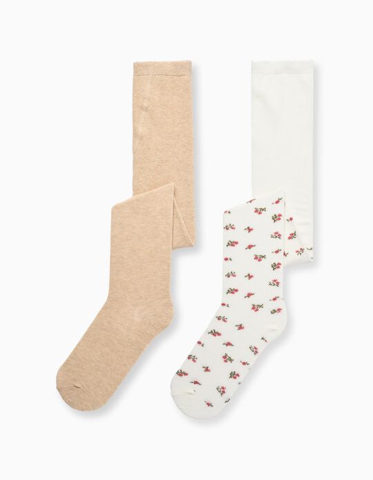 Comprar Online Pack 2 Collants Liso/Floral para Menina, Branco/Bege