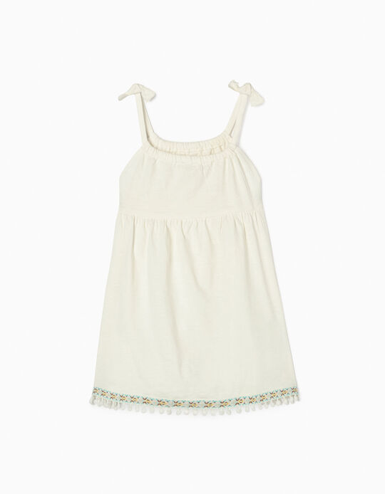 Strappy Top With Embroidery and Pompoms for Girls, White
