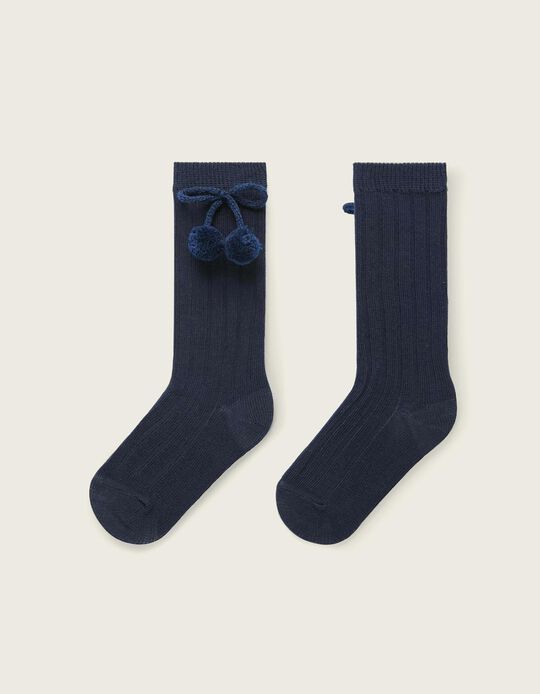 Knee-High Socks with Pompoms for Babies, Dark Blue