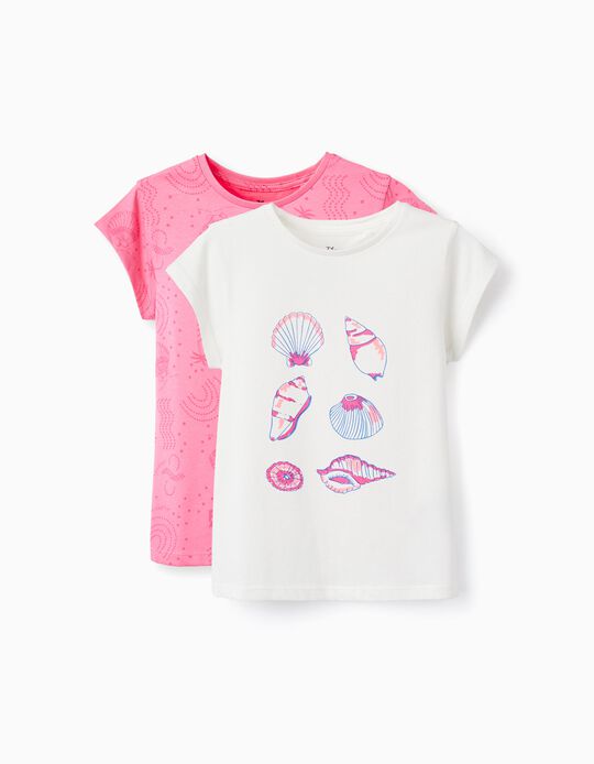 Comprar Online 2 T-shirts de Algodão para Menina 'Conchas & Búzios', Branco/Rosa