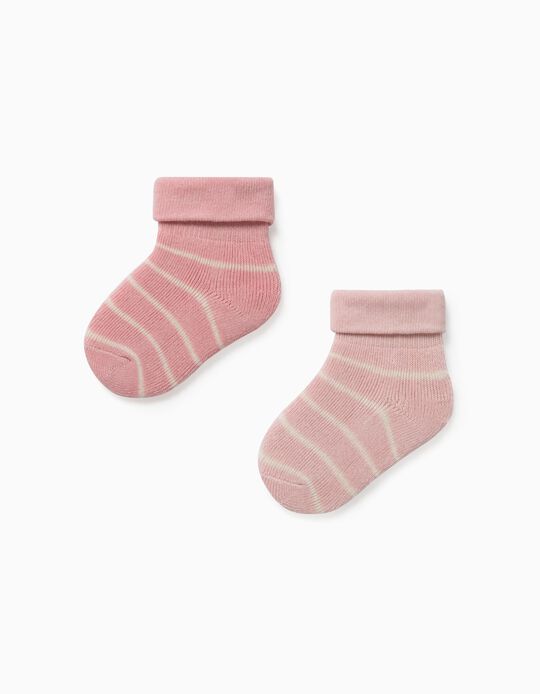 2 Pairs of Striped Socks for Newborn Baby Girls, 'WH', Pink