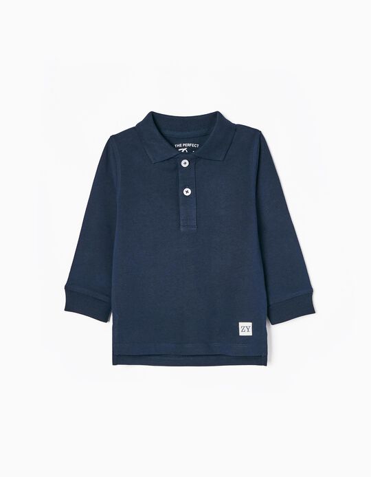 Long Sleeve Cotton Polo Shirt for Baby Boys, Dark Blue