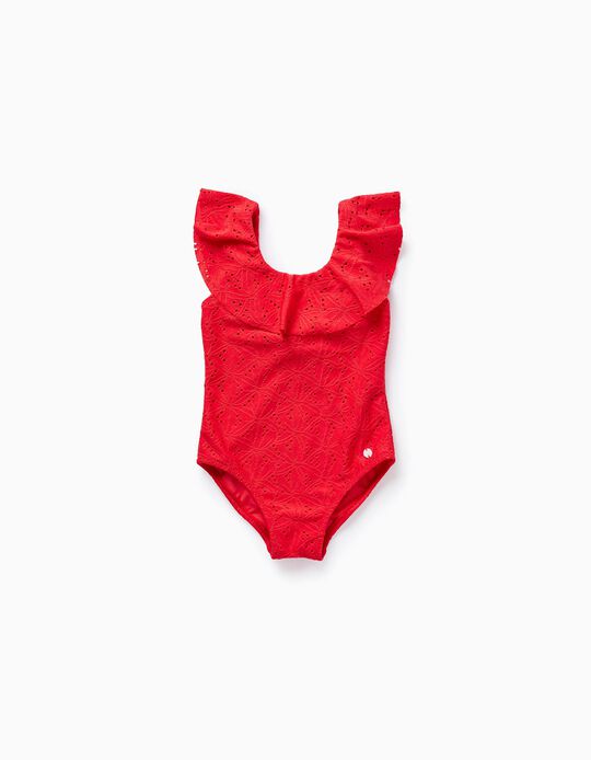 Swimsuit with Broderie Anglaise for Baby Girls, Red