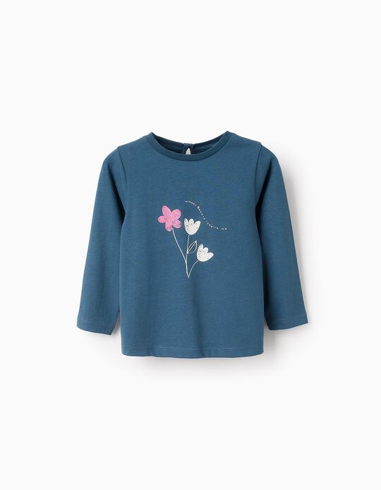 Comprar Online T-shirt de Manga Comprida em Algodão para Bebé Menina 'Flor', Turquesa