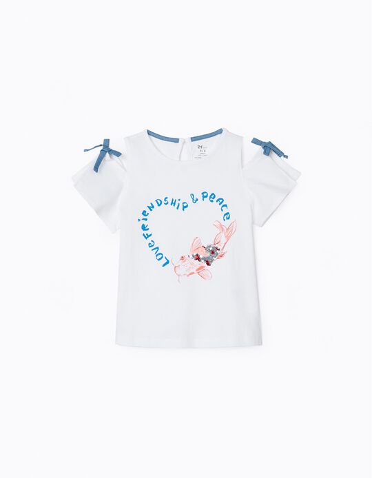 T-Shirt Épaules Dénudées Fille 'Peace', Blanc