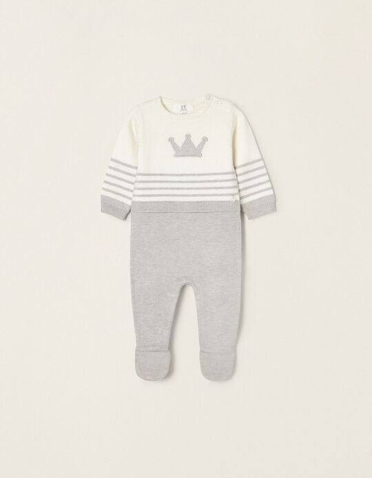 Knitted Onesie for Newborn Baby Boys 'Crown', White/Grey