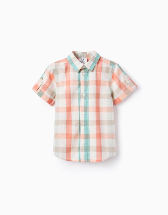Camisa a Cuadros de Algodón para Bebé Niño 'B&S', Verde Agua/Coral