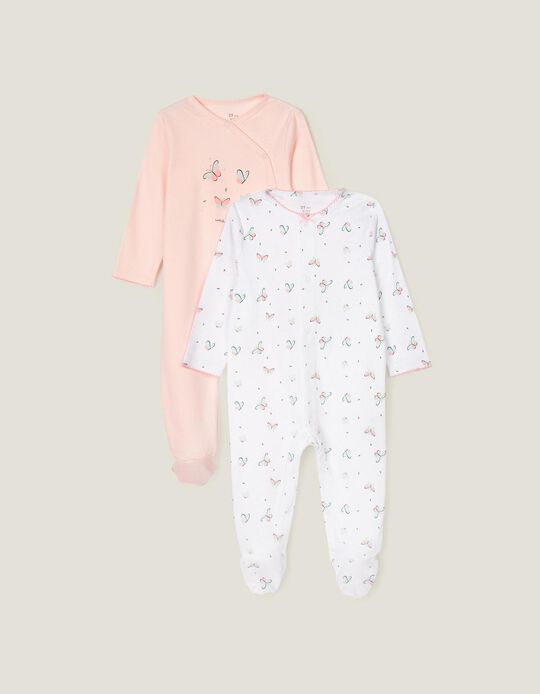 2 Sleepsuits for Baby Girls 'Butterfly', White/Pink