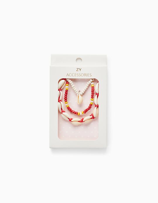 3 Bracelets with Shells for Girls, White/Red