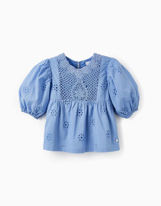 Cotton Blouse with English Embroidery for Girls, Blue