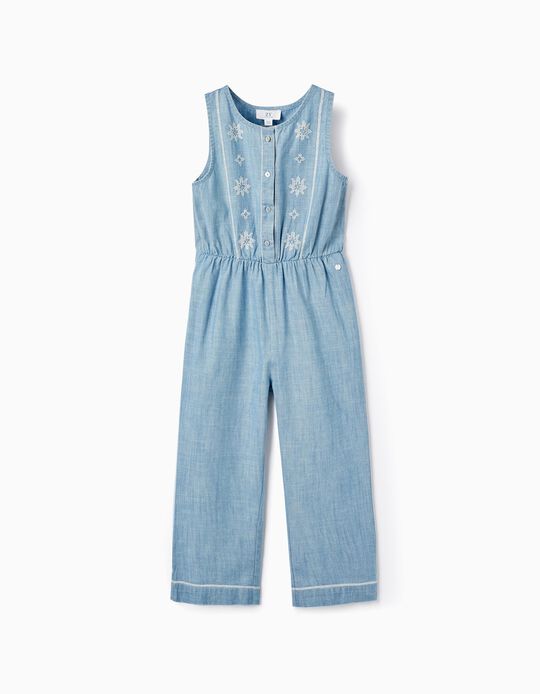Denim Cotton Jumpsuit with Embroidery for Girls, Blue