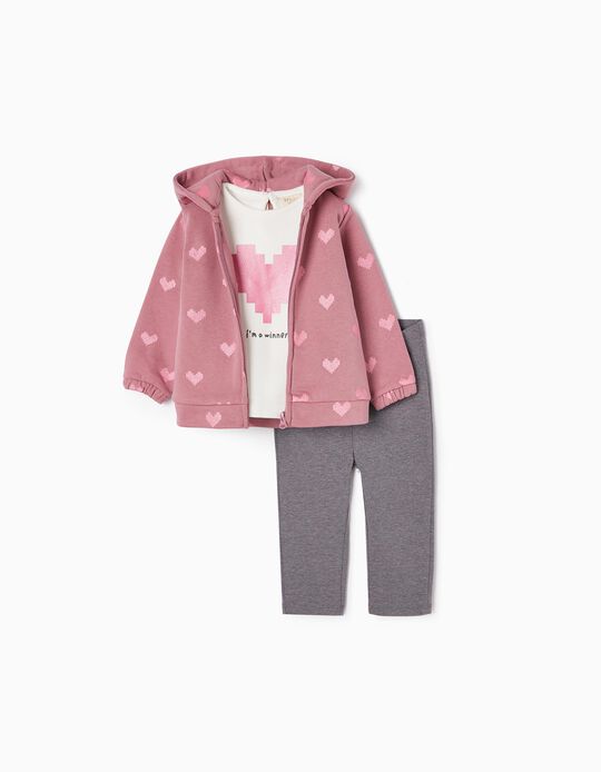 3-Piece Tracksuit in Cotton for Baby Girls 'Hearts', White/Pink/Grey