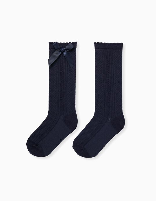 High Socks with Effects and Bow for Girls, Dark Blue