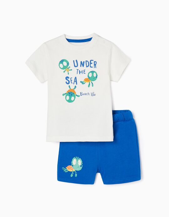 T-shirt + Calções em Algodão para Bebé Menino 'Tartaruga', Branco/Azul Escuro